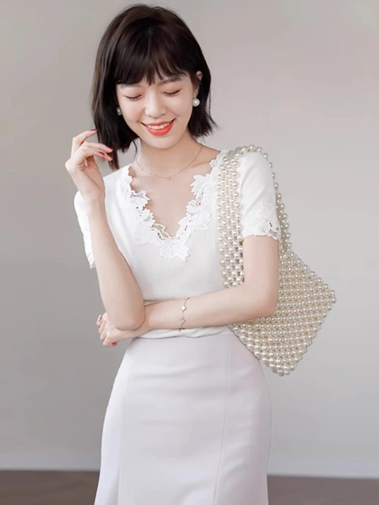 Ele Lace Trim Slim Fit Base irt Summer ort Sve Korean Sle Overhead Commute Gestrickte Casual Damen Top