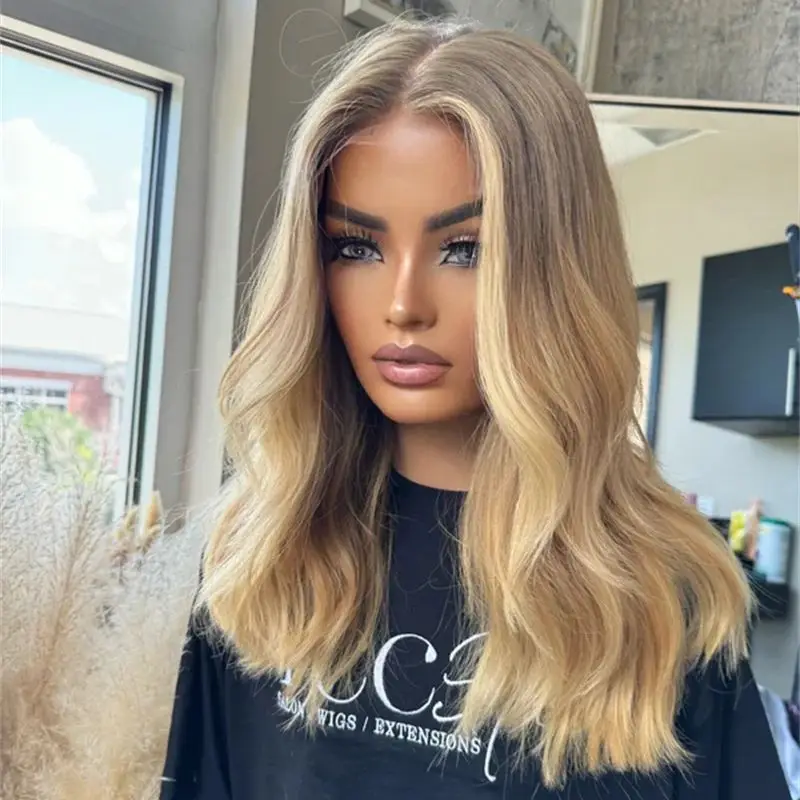 

13x4 Свободная часть 14 дюймов Ombre Золотисто-русый синтетический парик фронта шнурка с пепельно-коричневыми корнями Модный волнистый боб Высококачественный женский парик