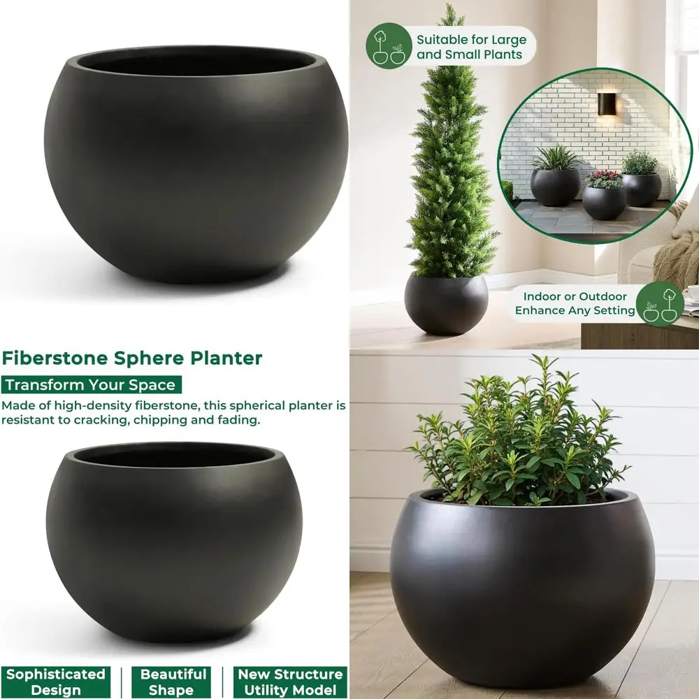 

Black 15.8 Inch Round Fiberstone Planter with Drainage for Indoor and Outdoor Flowers, Removable Plug Included