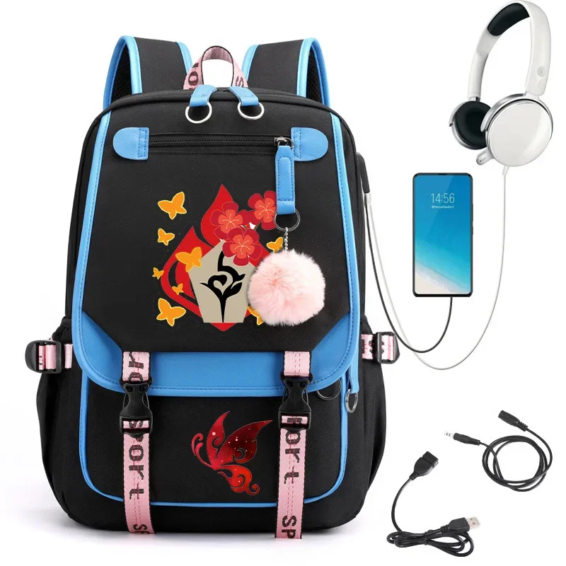 Anime Genshin Impact Hutao Plecak Nylonowa książeczka szkolna Torby podróżne dla uczniów Laptop Casual Port USB Torba kurierska