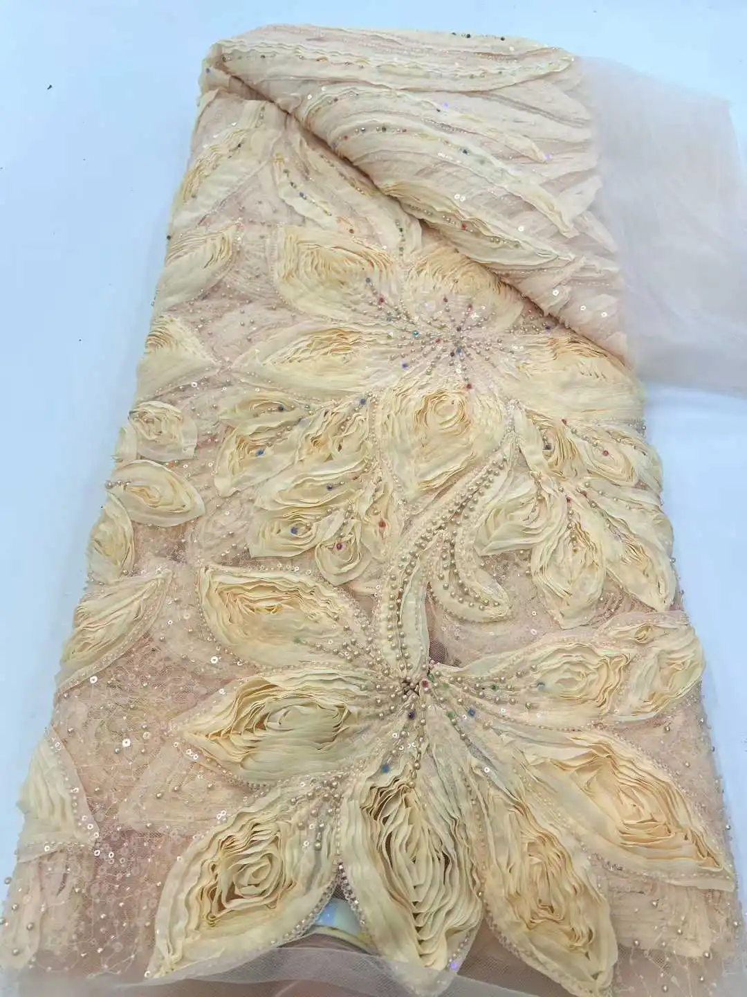 New African 3D Lace Fabric 5 Yards 2026 High Quality With Beads Embroidered Lace French Nigerian Sequins Lace Fabric For Wedding