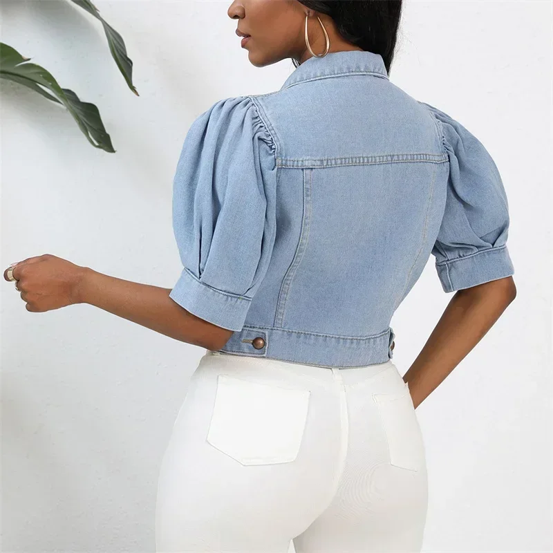 Women New Lapel Single Breasted Cardigan Denim Short Jacket Bubble Sleeve Outerwear Summer Casual Female Coat Stylish Streetwear