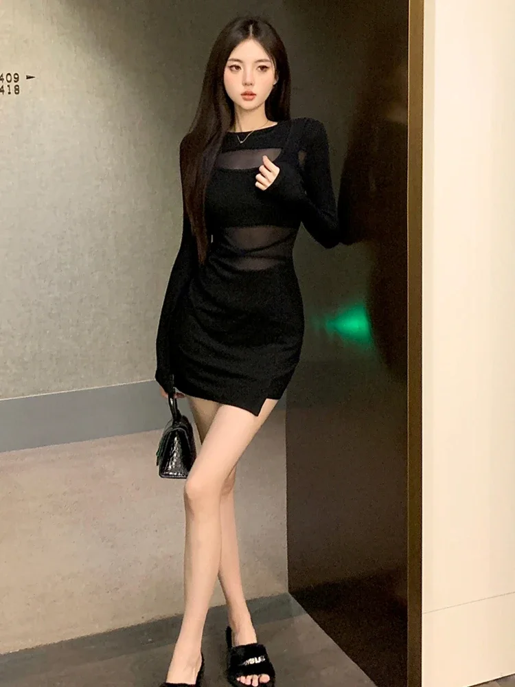 ชุดมินิสีดําสําหรับผู้หญิง Slim ตาข่าย Patchwork สาวเซ็กซี่คลับสวมใส่แฟชั่น Temper Ulzzang All-Match High Street ง่าย Mujer