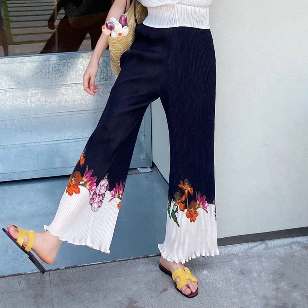One-piece drape pleated wide-leg pants women's summer thin air pants foreign style versatile  printed straight pants