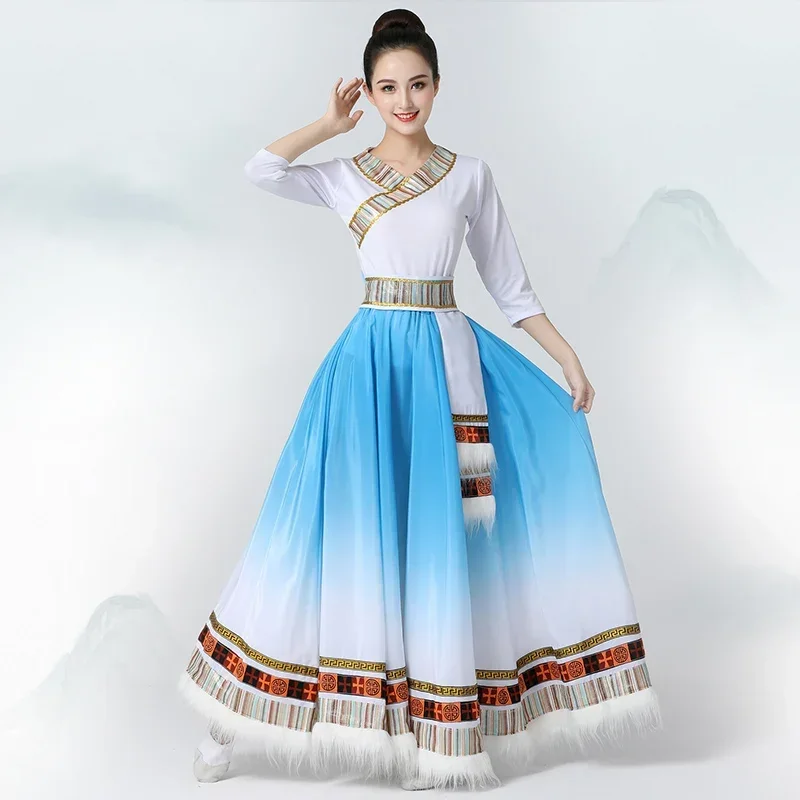 Mongolia Tybetański taniec Tradycyjna ludowa odzież etniczna Festiwal występów Strój tybetański Długie spódnice Sukienka do tańca narodowego