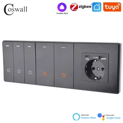 COSWALL Zigbee 3.0 On / Off Switch & Scene Switch Yandex, Matte Black Panel, Normal Socket USB Quick Charger TV RJ45 Module DIY
