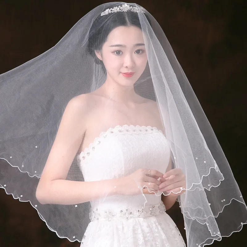 White Ivory Wedding Veil Pearl Wedding Dress Veils1 TierTulle Ribbon Edge Bridal Veils Women Accessories 2022