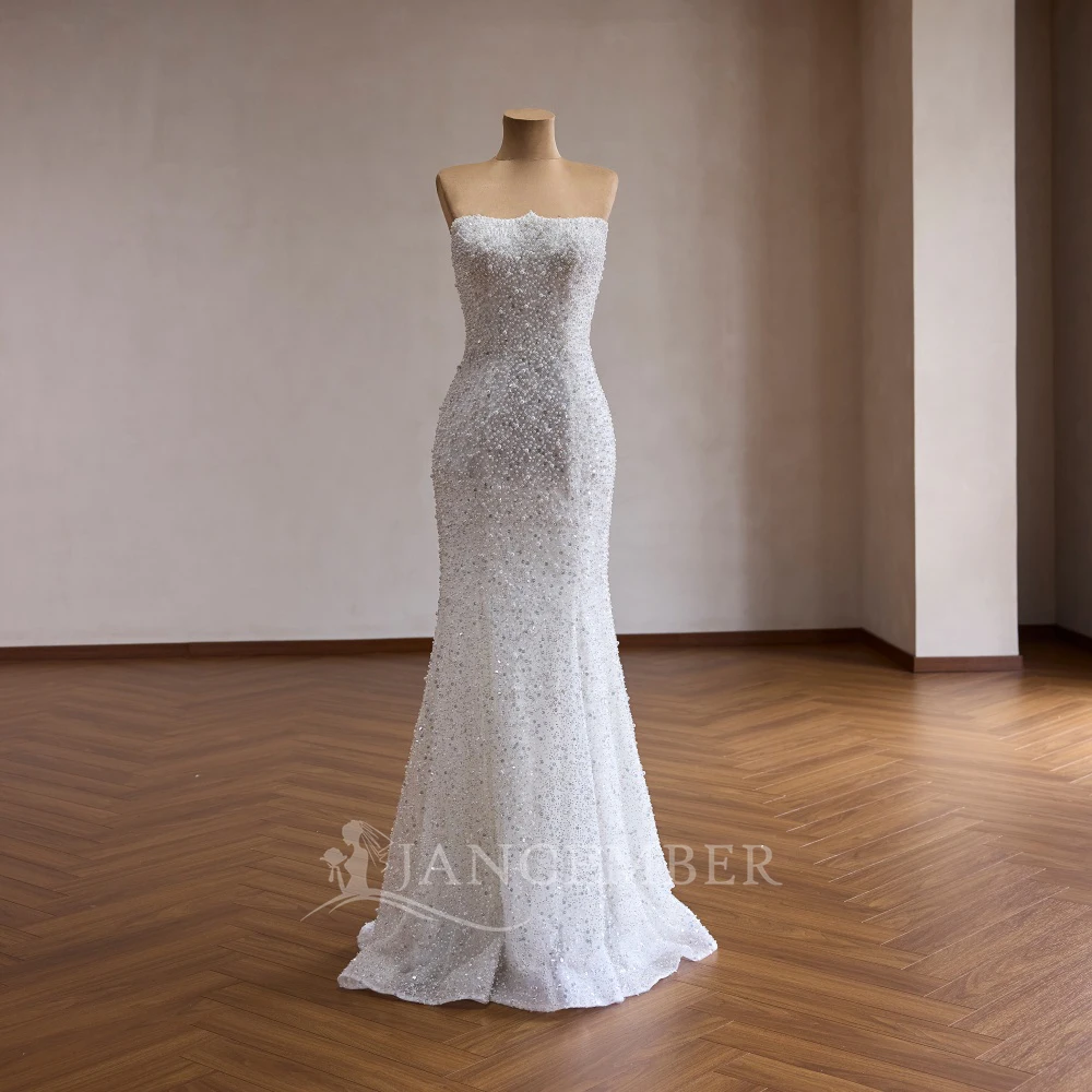 Customized Strapless Sparkly Crystals Beads Wedding Dress for Bride Removable Train Plus Size Tiers Bridal Gown robe de mariée
