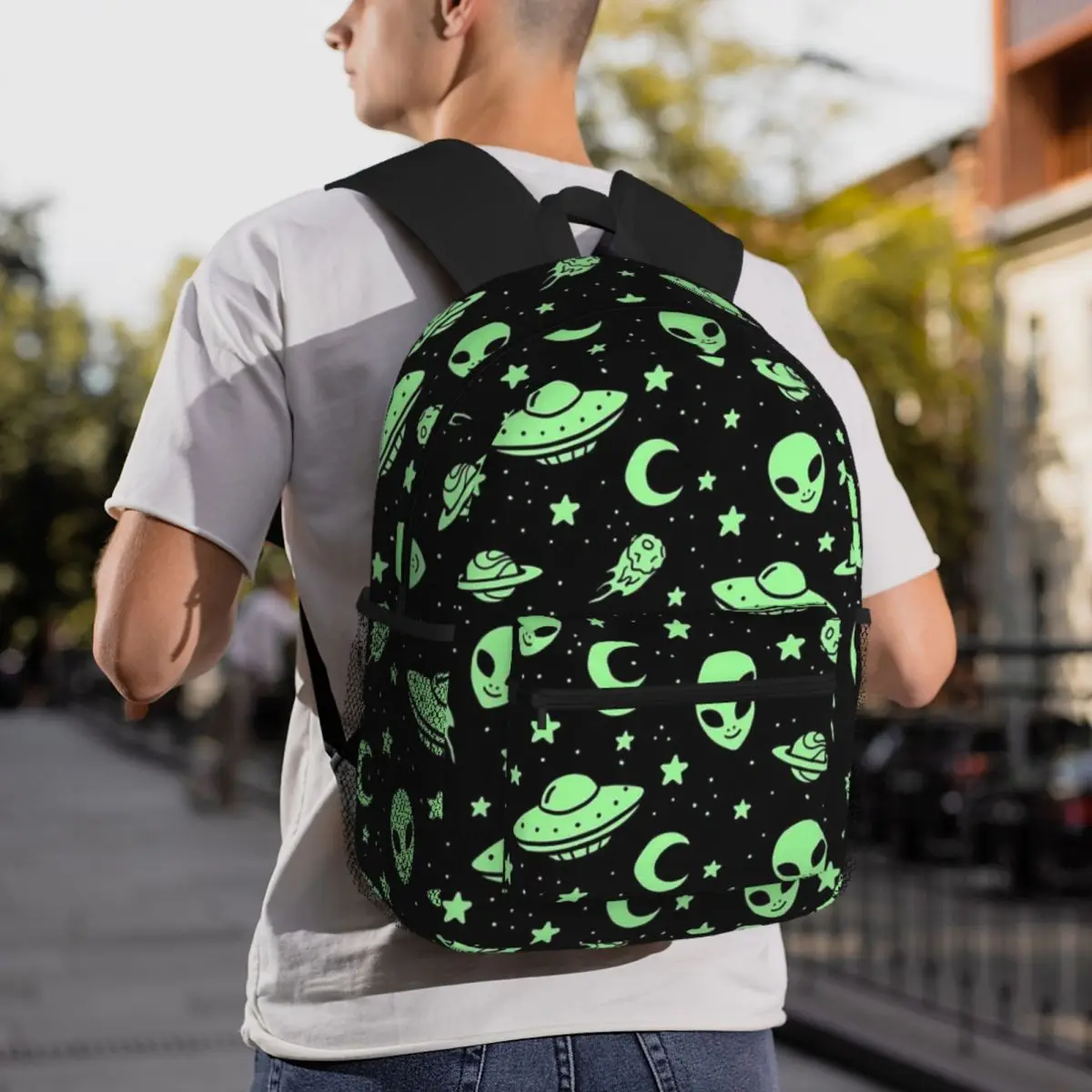 Green Alien UFO Moon Backpack Student BookBag Kids School Bag Computer Shoulder Bags for Boys Girls