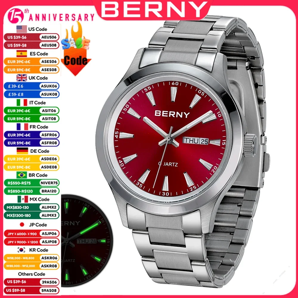 BERNY Men Quartz Watch  Fashion Texture Wristwatch for Men Ultra Thin Men Watch Calendar Luminous Stainless Steel Dress Watches