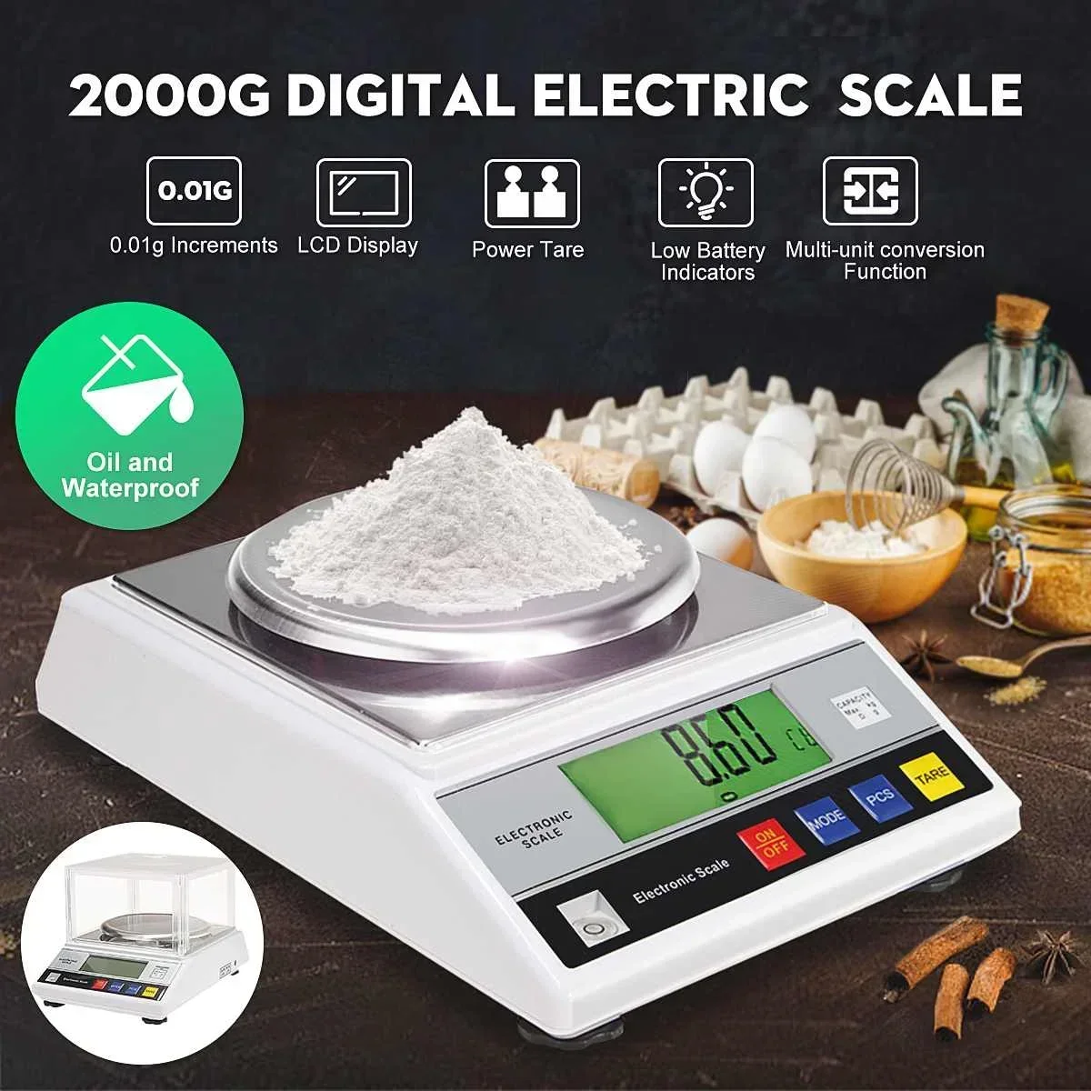 2000g/0.01g Electronic Digital Scale LCD Display Backlight LB Gram Food Kitchen Weight Balance Tray Precision High Accuracy 2kg