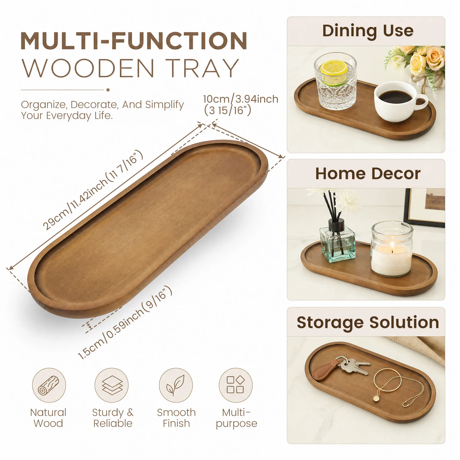 Small Oval Wood Serving Tray Versatile Acacia Wood Countertop Serving Platter Decorative Vanity Tray Platter for Jewelry Key