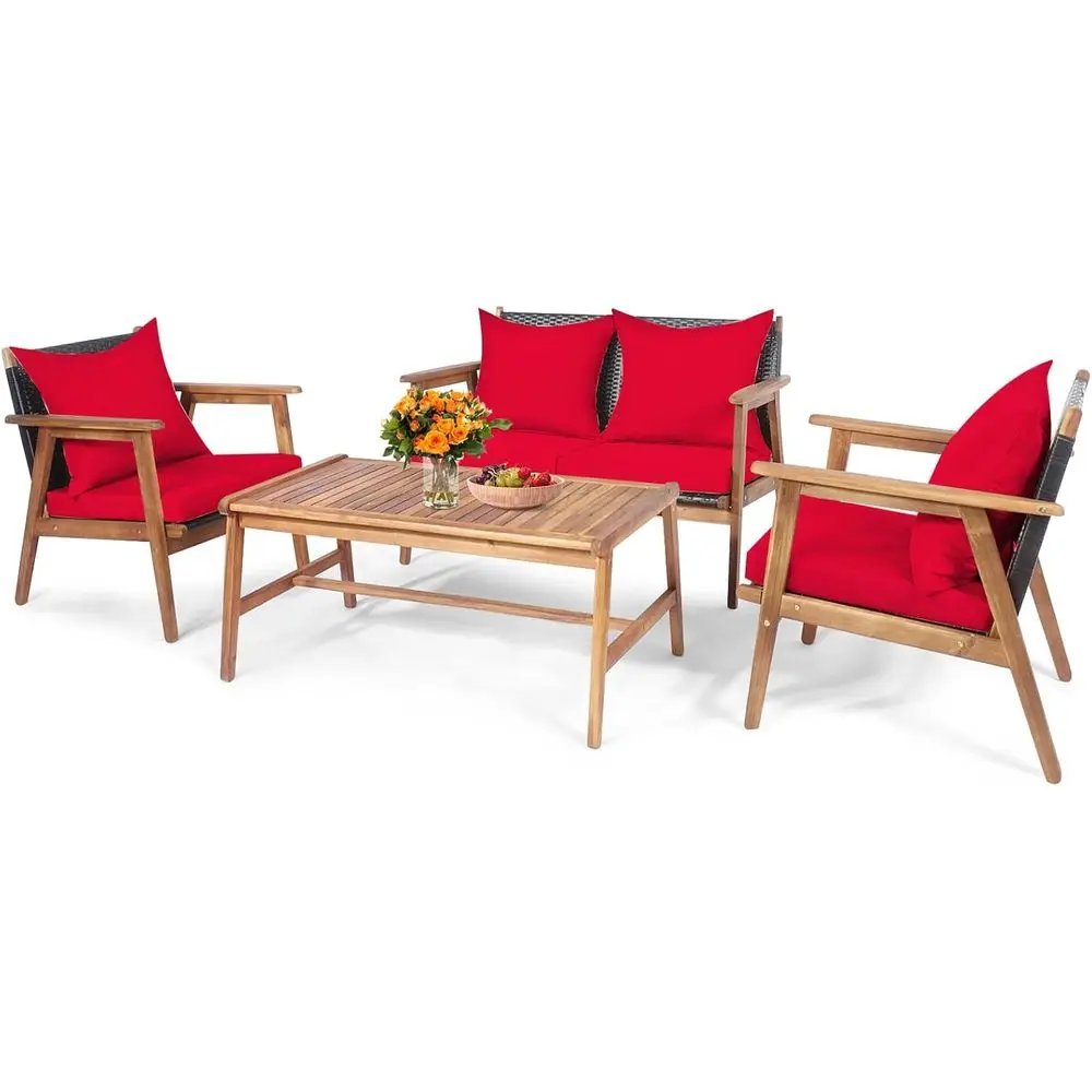 

Комплект мебели для патио, набор для бесед из дерева акации на открытом воздухе с подушками и журнальным столиком, секционный диван из плетеного полиэтилена для улицы f