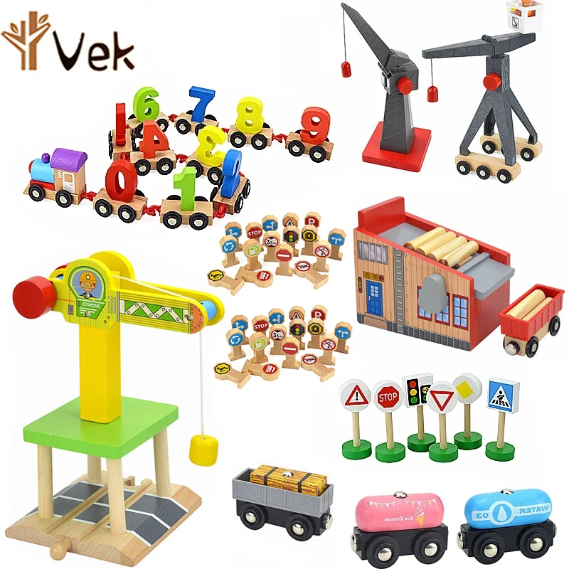 Wooden Tracks Magnetic Engineering Cranes Train Railway Traffic Road Sign Bridge Accessories Compatible Biro Wood Track Toys