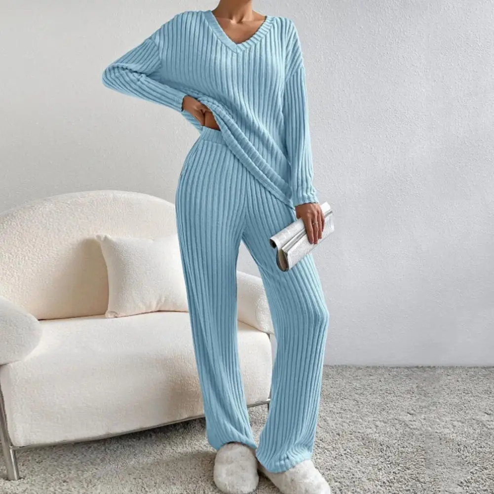 Women Pajamas Set Women\'s Knitted V-neck Top Wide Leg Trousers Set for Fall/winter Casual Wear Cozy Pajamas Set with High Waist