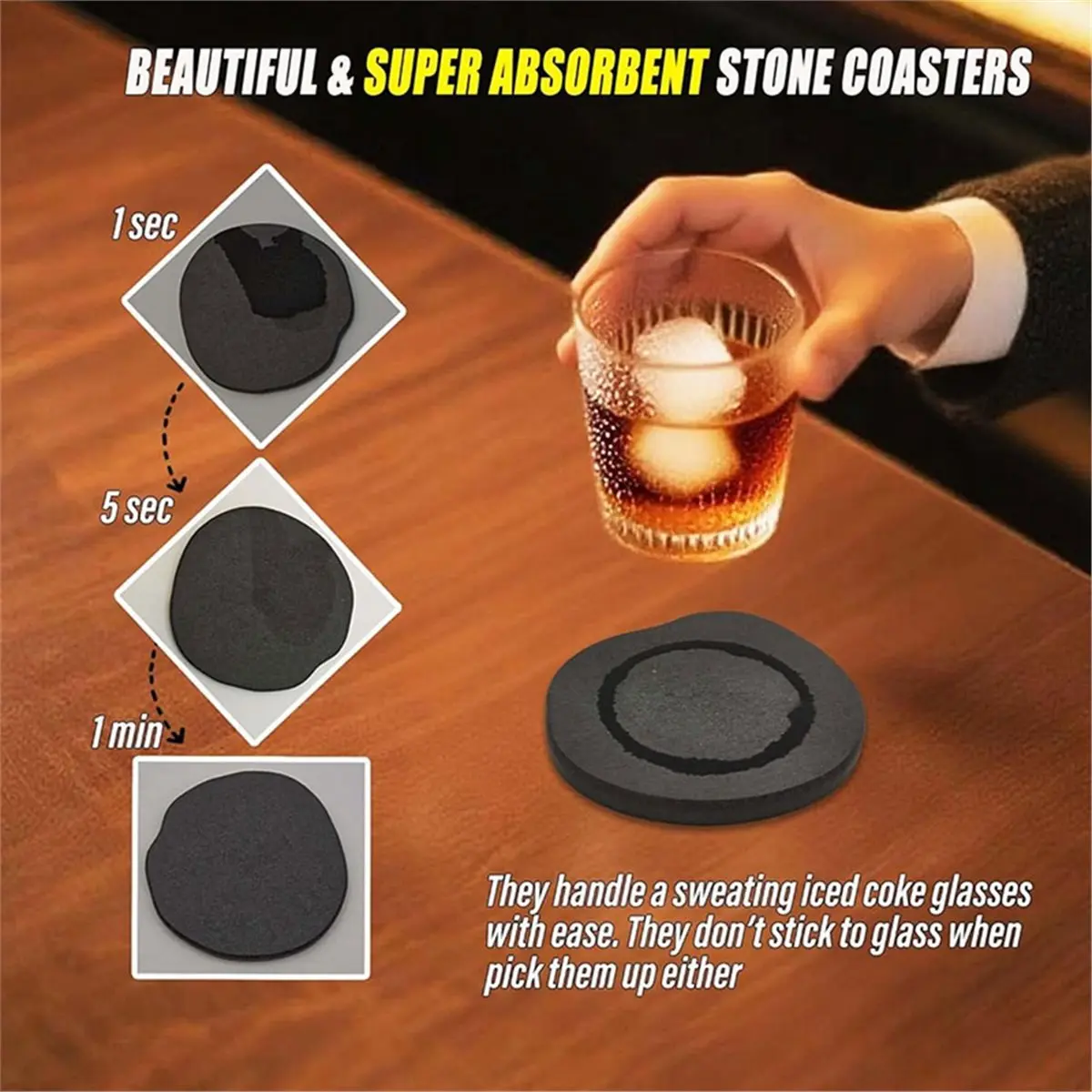 Diatomaceous Earth Coasters Set - 4 Pack Absorbent Quick-Dry Stone Design Black