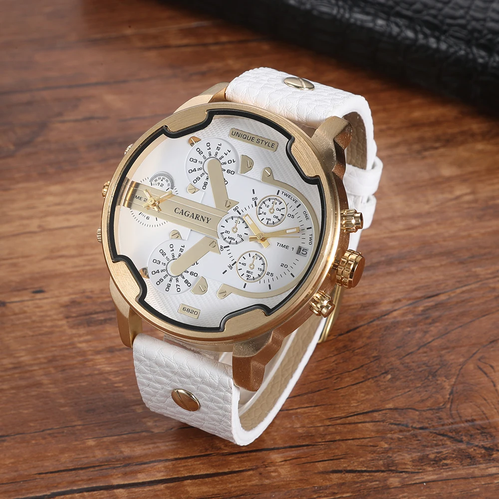 

CAGARNY Brand Big dial 6820 dual time zone Leather Quartz Men Wristwatches Date Waterproof Fashion Casual Watch Clockes for Man