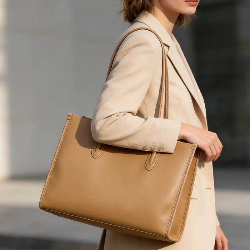 

BURMINSA Luxury Genuine Leather Tote Bags For Women Elegant Cowhide Business Commuter Handbags Large Capacity Work Shoulder Bags