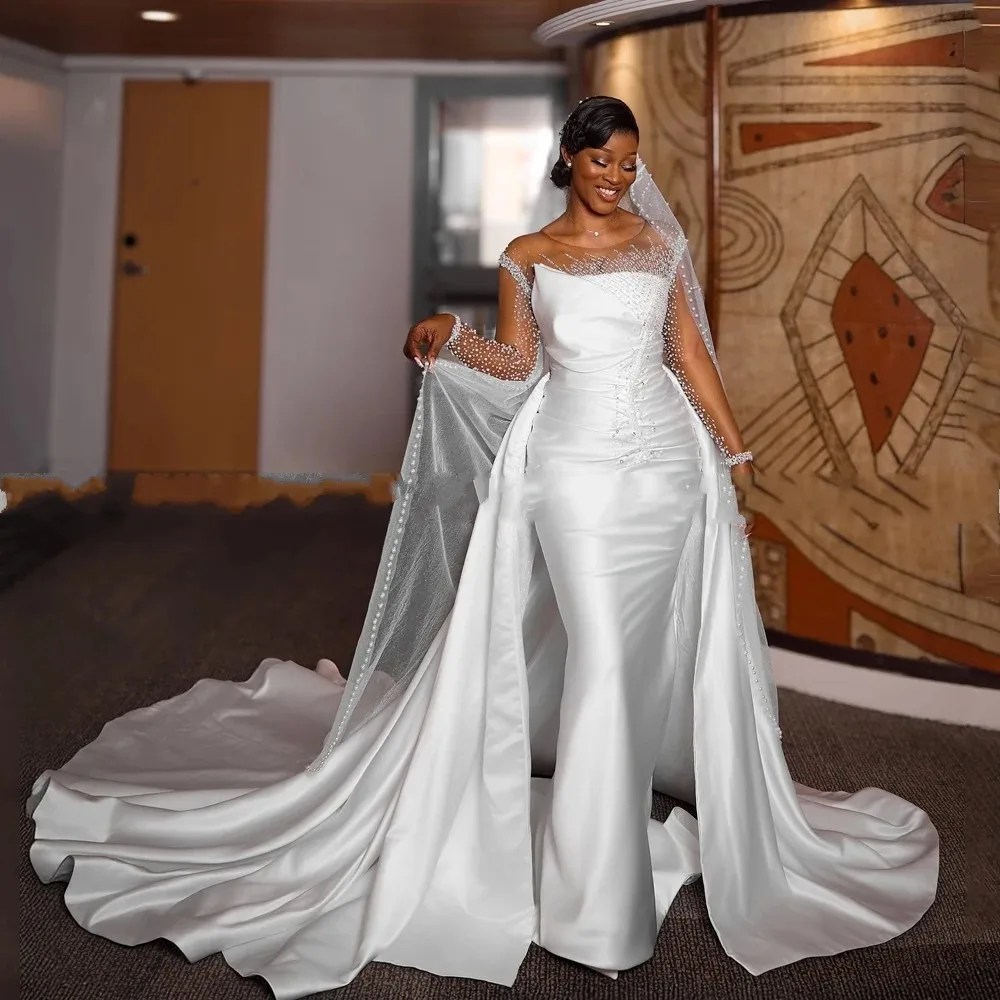

African Elegant Mermaid Wedding Dress for Bride Satin Long Sleeve Scoop Neck Sweep Train Beaded Bridal Gowns Vestido De Noiva