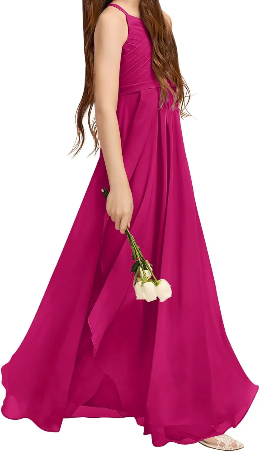 A-Linie Neckholder-Maxikleid für Mädchen, fließendes Chiffon-Blumenmädchenkleid für Junior-Brautjungfer, für Hochzeit, Party, Festzug