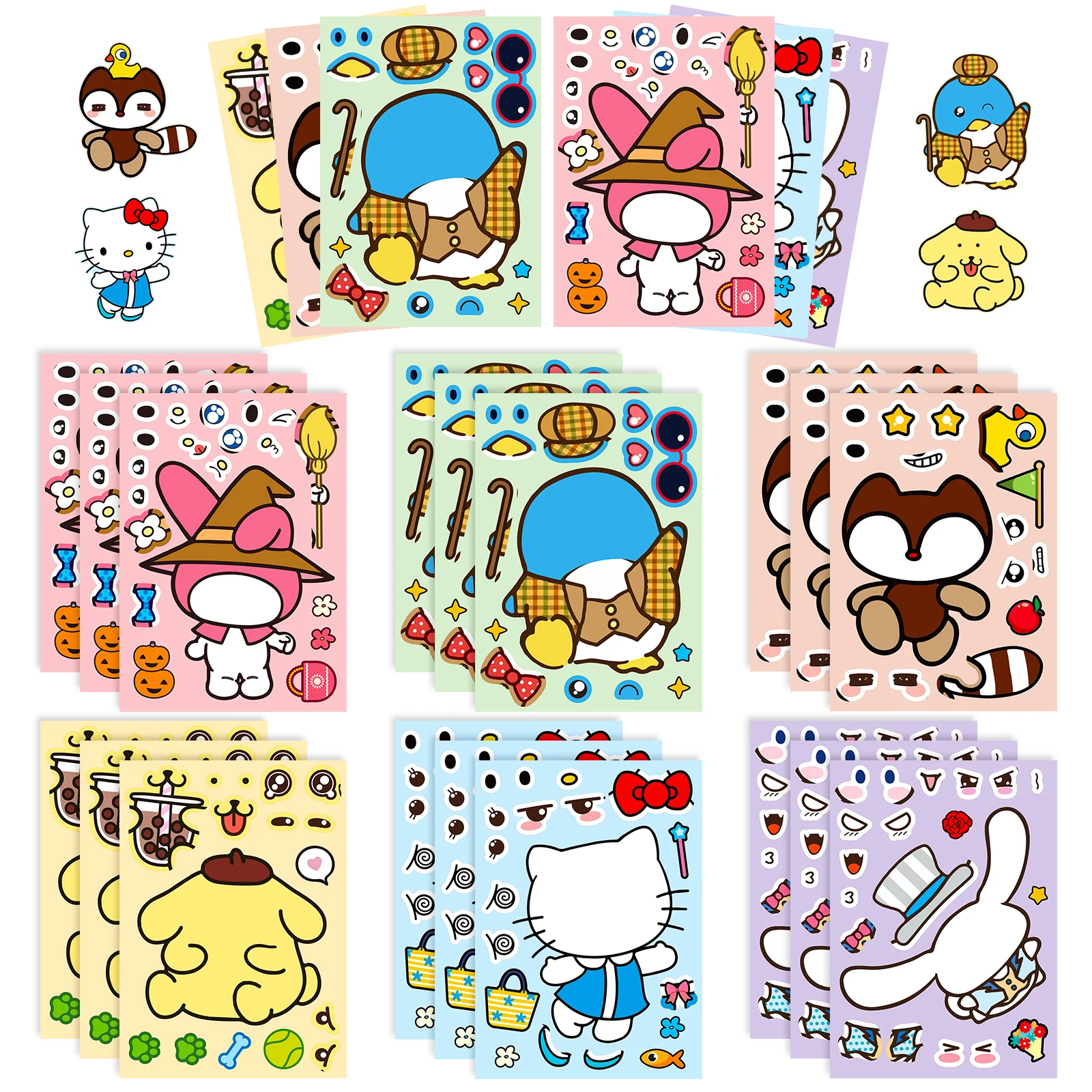 

6/12Sheets Cute Sanrio Hello Kitty Pompompur Puzzle Anime Stickers Make-a-Face Assemble Funny Cartoon Decal Jigsaw Children Gift