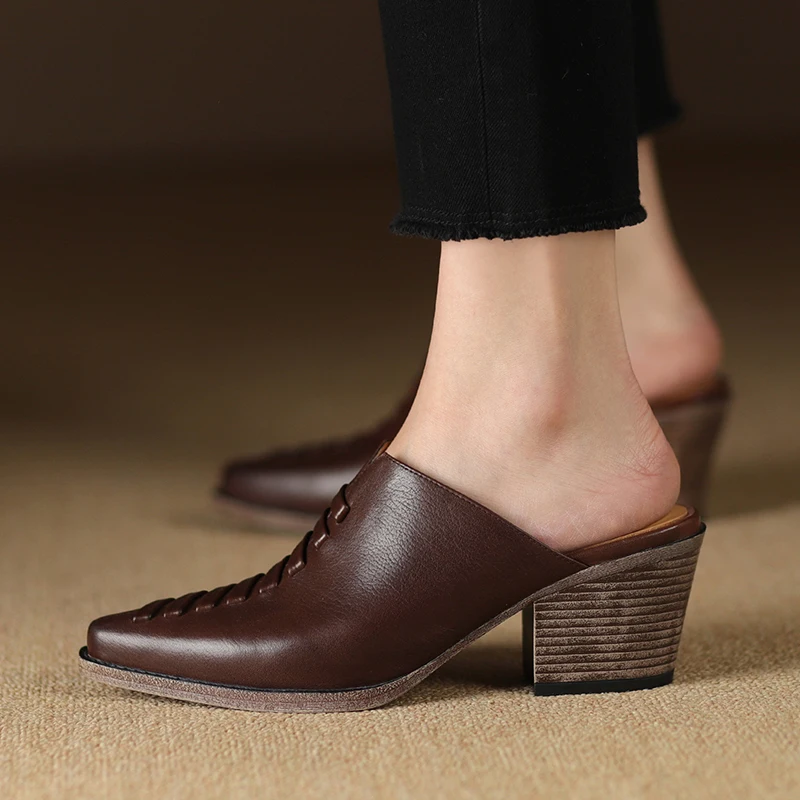 2024 New Spring Summer leather Mules Med Heel Women Shoes Pointed Toe Women Pumps Fashion Shoes for Women Ladies Shoes