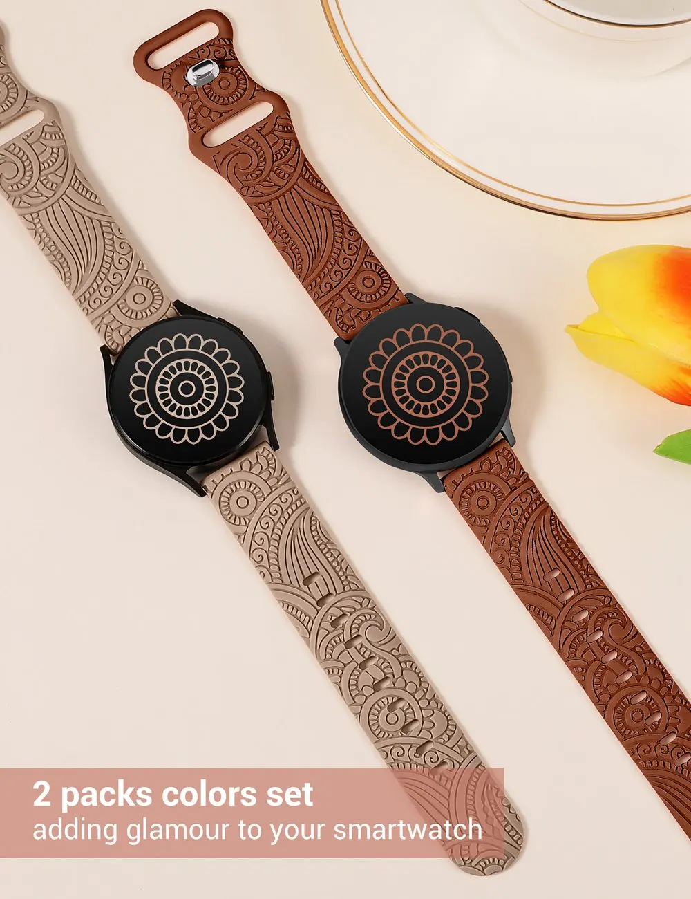 Wearlizer 20mm Floral Engraved Band for Samsung Galaxy Watch 6/5/4 40mm 44mm Silicone Sport Strap for Watch 6 Classic/Active 2