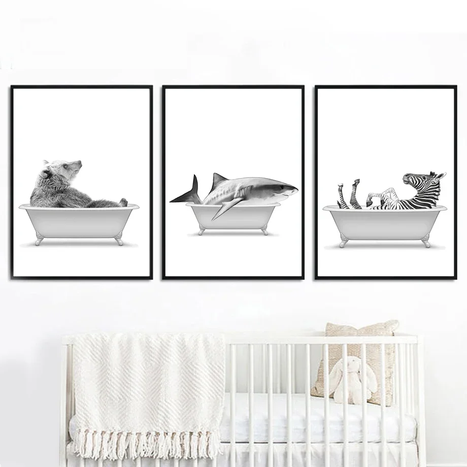 Cuadro Decorativo de Animales para Baño, Impresión en Lienzo, León, Elefante, Cebra, Póster Nórdico, Decoración para Sala de Estar