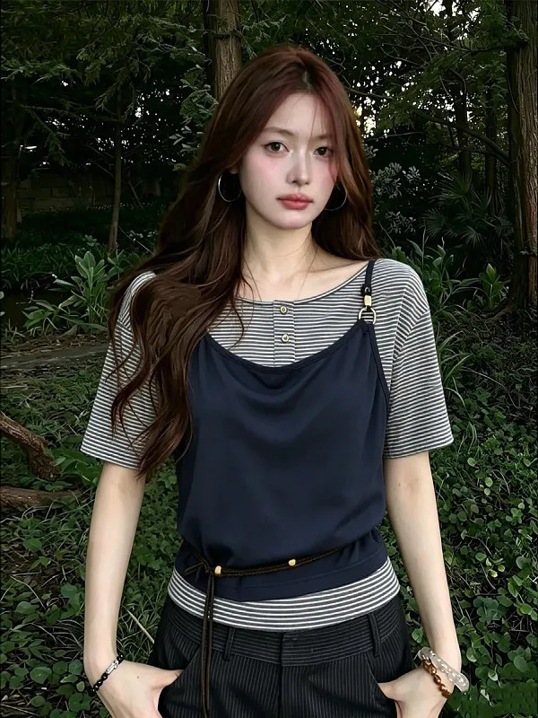 

plus Size Summer Beautiful Outerwear Two-Piece Set Short Sleeve T-Shirt Striped Loose Slimming Top Trendy Casual Fashion