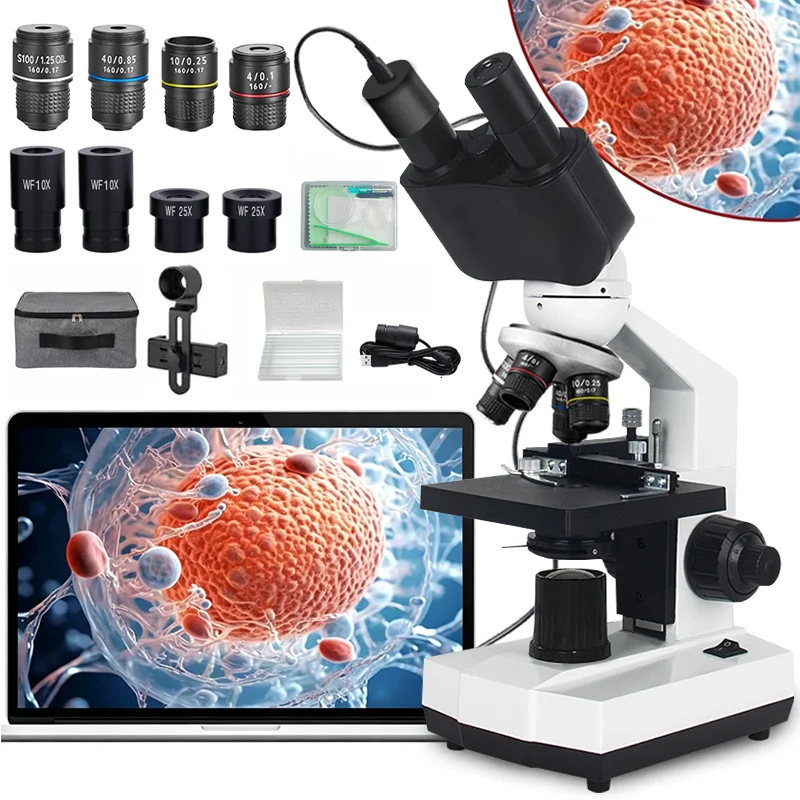 Binocular Microscope for Adults&Students, 40X-2500X and HD USB Electronic Eyepiece for Lab, School, Home Education
