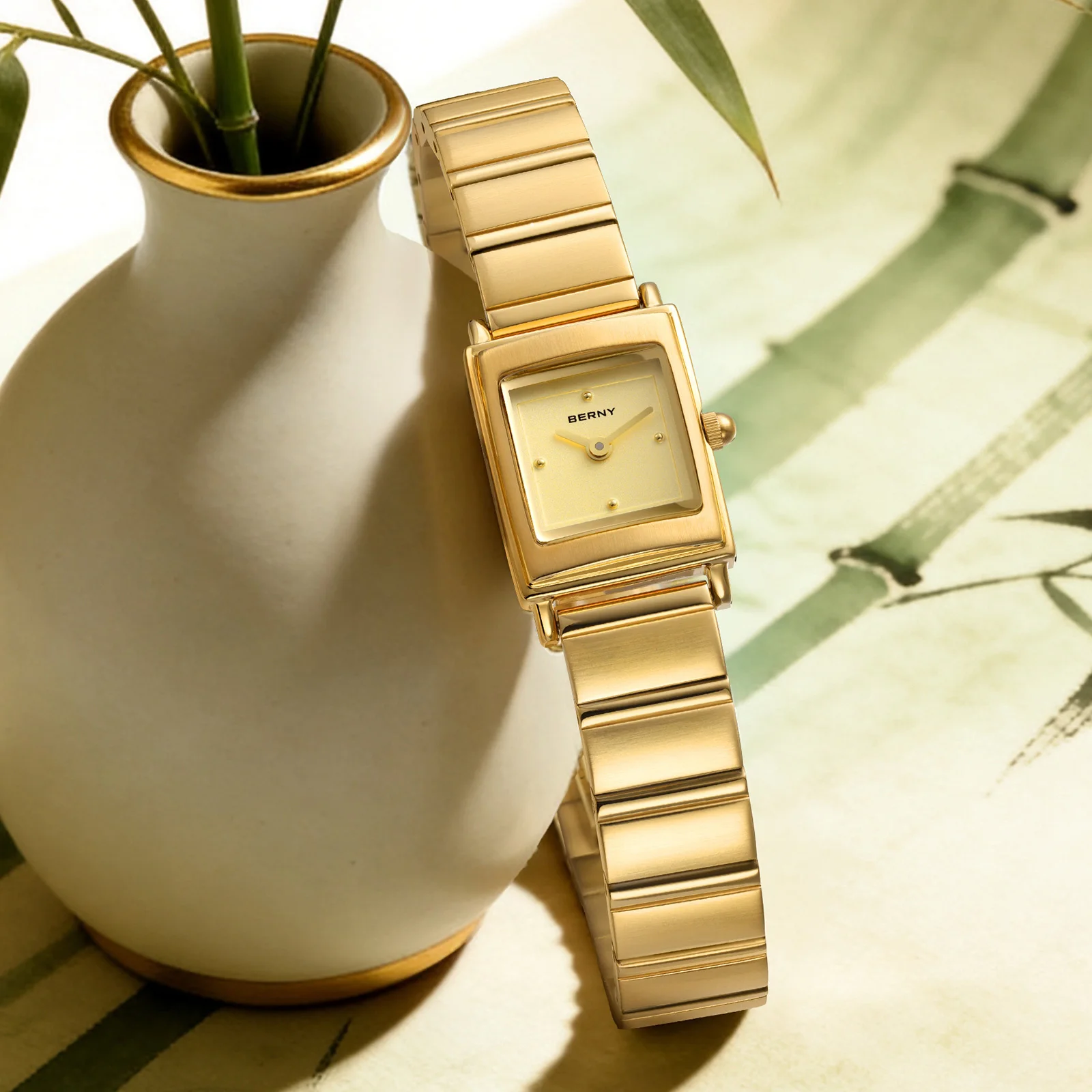 BERNY Gold Women's Watches Vintage Small Case Square Quartz Women Watch Elegant Minimalist Golden Stainless Steel Wristwatch