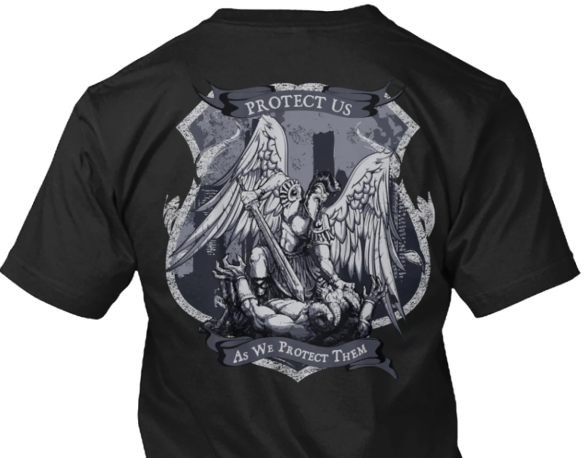 Saint Michael Protect Us As We Protect Them. Archangel St Michael T-Shirt. Summer Cotton Short Sleeve O-Neck Mens T Shirt New