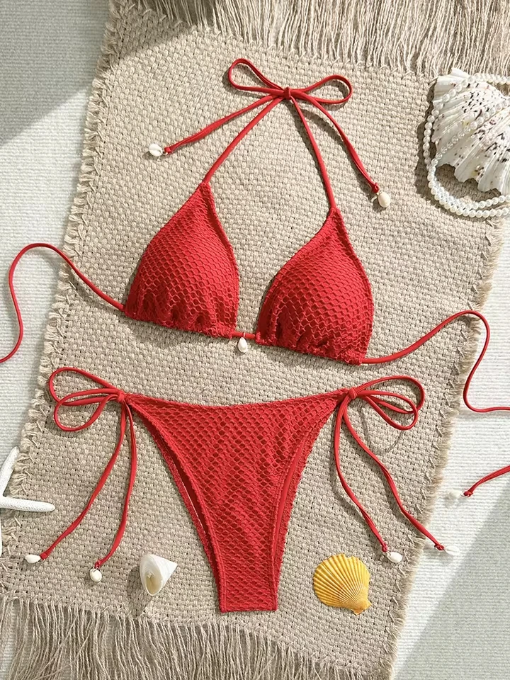 

Vzvn 2026 New Summer Swimwear Bikinis Sexy Laced Up Mesh Seashell Bikini 2 Piece Women Solid Split Swimsuit Beach Bikini Set