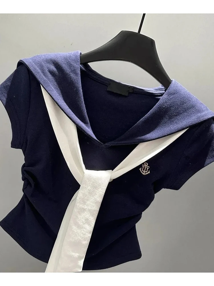 الكورية Preppy نمط المرقعة تي شيرت المرأة الصيف موضة بحار طوق ضمادة سليم تيز أنيقة عادية تونك سيدة بلايز جديد #4