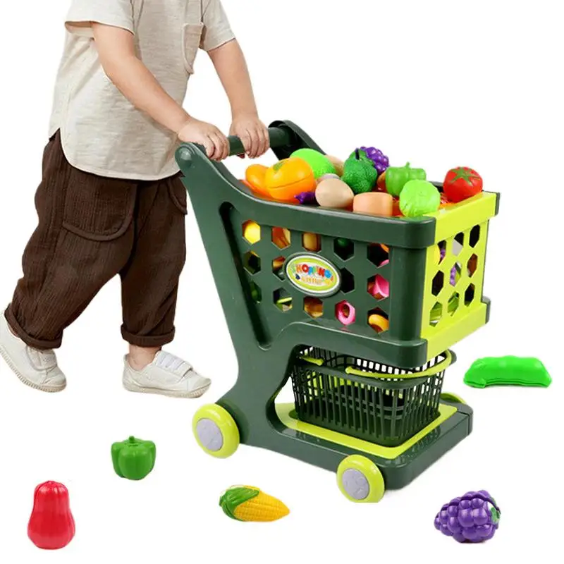 Pretend Play Grocery Store Toy Kids Shopping Cart Trolley Pretend Play Kit Round Wheel Design Play Kitchen Toys for Christmas