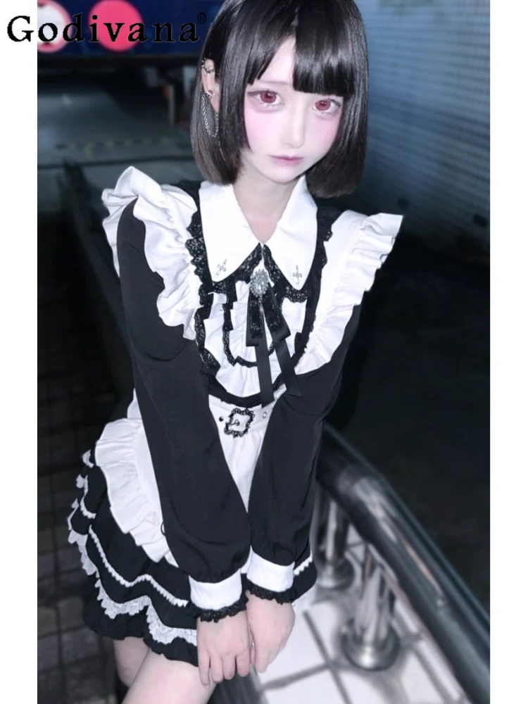 

Комплект платьев Mine Subculture, осенний японский массовый производственный комплект, милый топ с длинными рукавами в стиле Лолиты для девочек, шорты, комплект из 2 предметов, наряд горничной