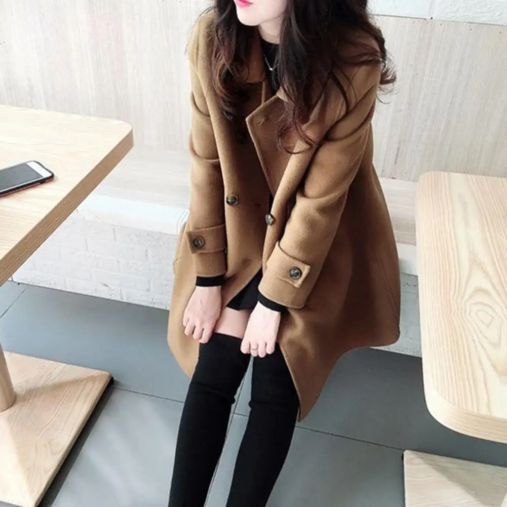 

Retro Foreign Style Coat Stylish Vintage Woolen Trench Coat Warm Mid-length Double-breasted with Pockets Lapel for Women's