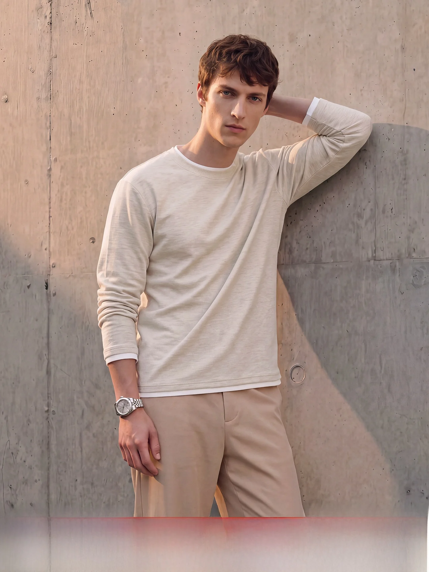 UADER Men's Long Sleeve T-Shirt Casual Silk Inner Wear Contrast Color Sweatshirt Fashionable Urban Style Breathable Polyester
