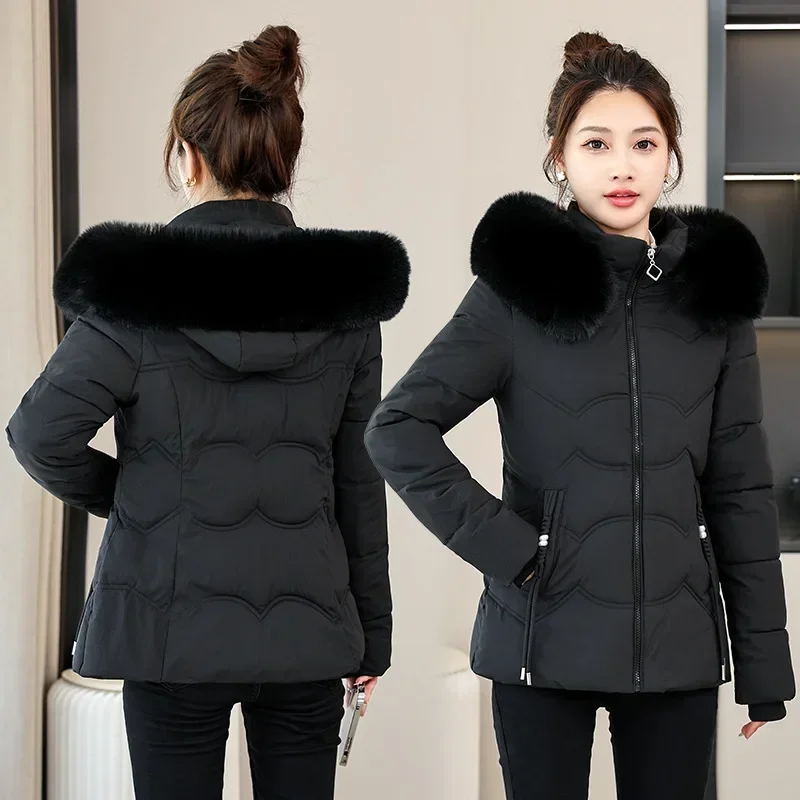 2025년 신상 겨울 재킷 여성 파카 캐주얼 기본 코트 후드 퍼 칼라 두꺼운 따뜻한 파카 면 패딩 아우터 숏 재킷