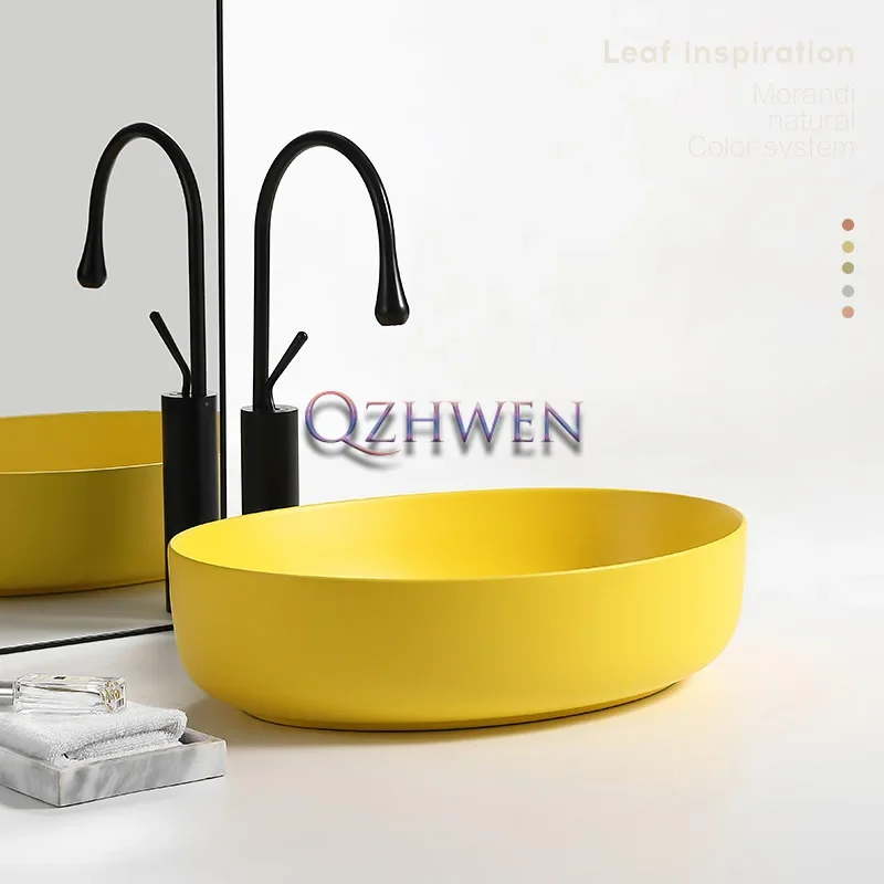 545*405*140mm Nordic Matte Yellow Ceramic Washbasin Thin Edge Oval Bathroom Sink Wear-resistant Handmade Countertop Basin Faucet