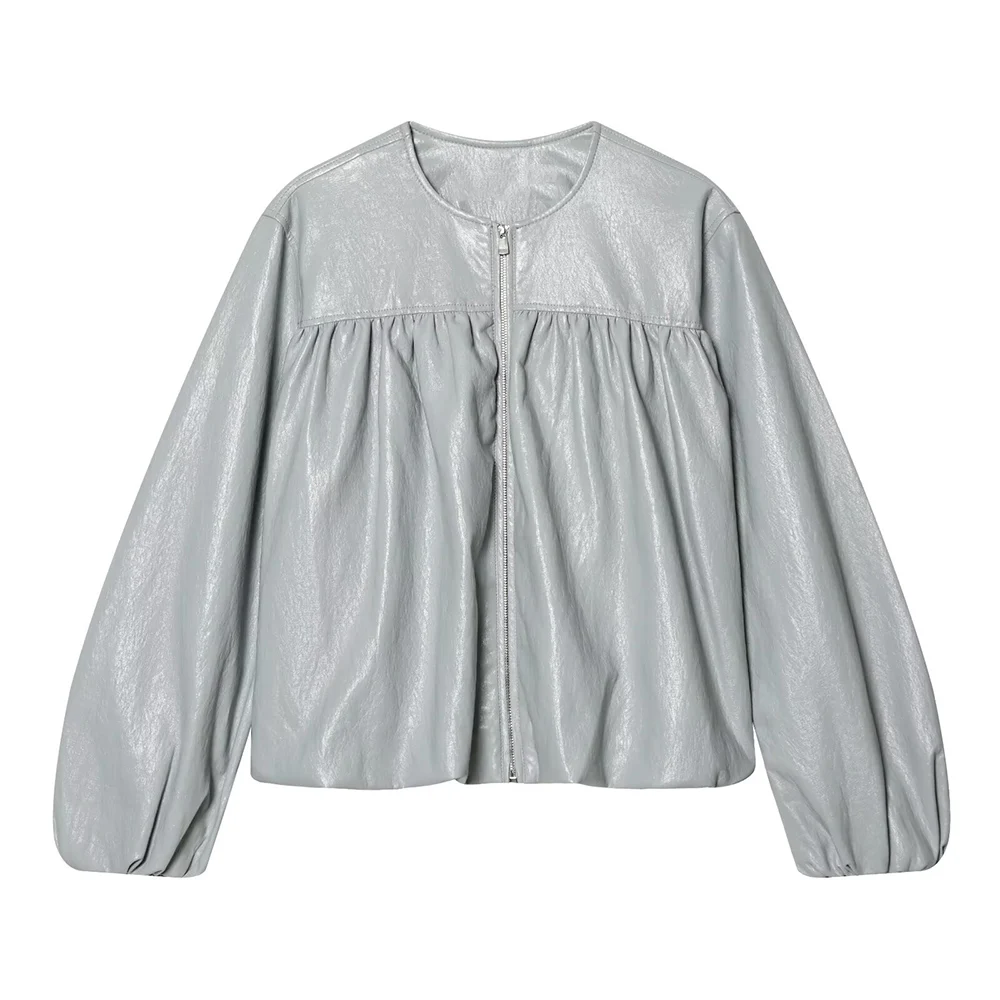 

WOMAN 2026 Summer New Fashion Balloon Long Sleeve Cropped Jacket Coat Vintage Zipper Casual Female Outerwear Chic Overcoat