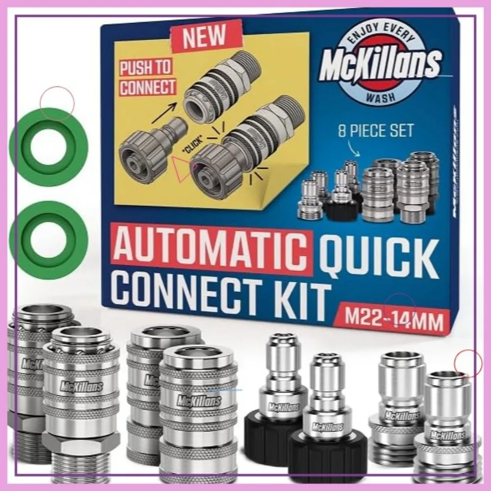 Kit di collegamento rapido per idropulitrice automatica M22-14mm 2025 - Set di adattatori per tubi flessibili in acciaio inossidabile da 8 pezzi