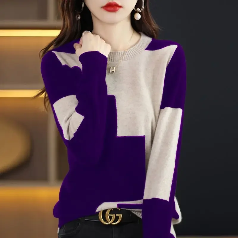 

New Color Blocking Korean Sweaters Women Classic Long Sleeve O-collar Loose Temperament All-match Knitting Pullover Top PH46