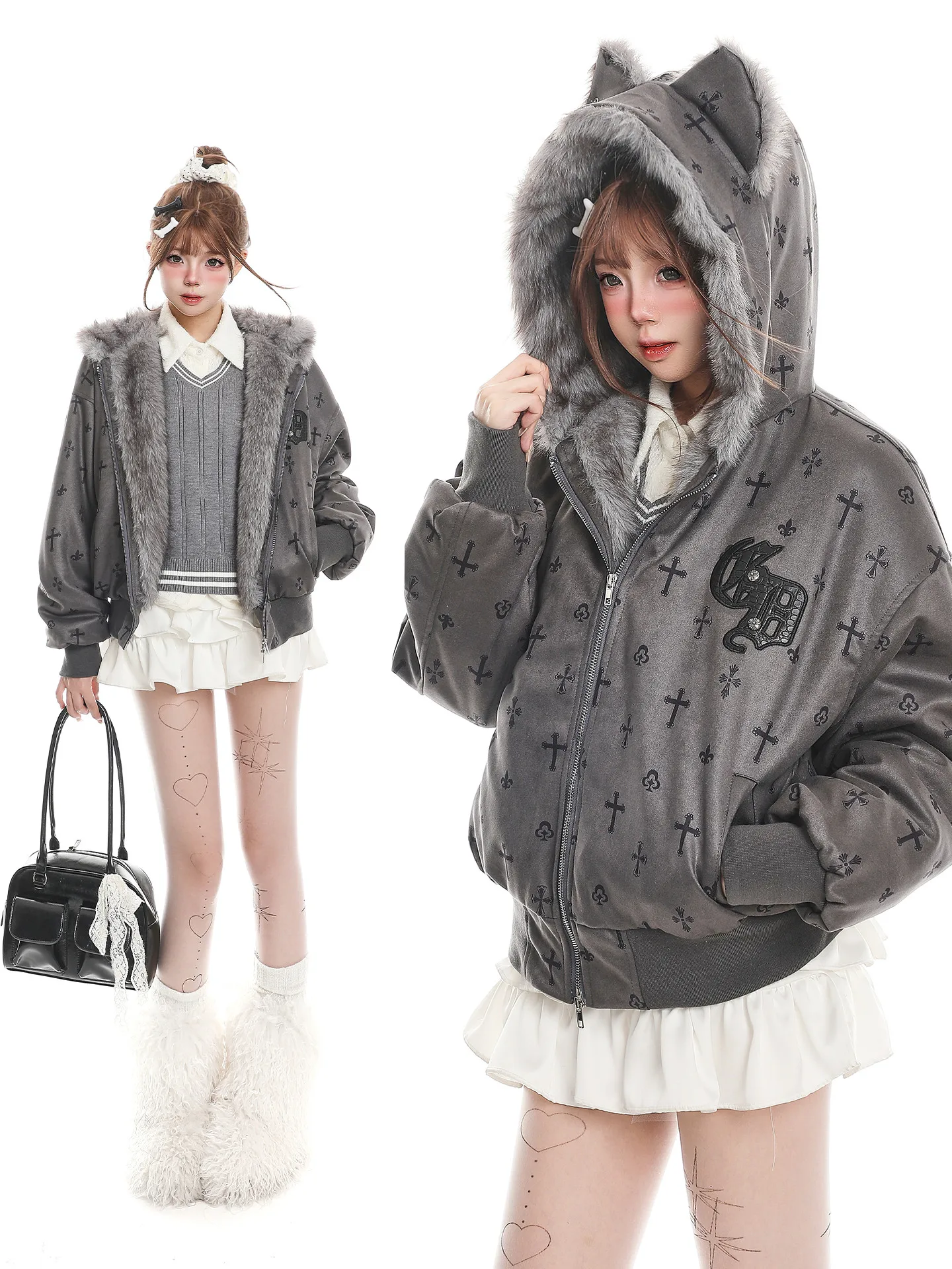 

Gothic Knight Sle Thiened ort Cotton Jaet Women's Winter Casual Hooded Plu Coat College Sle Zipper Closure Long S...