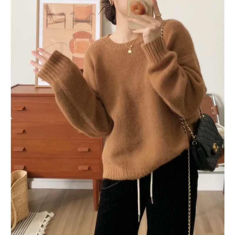 

M-XL 100% wool pullover women's O-neck sweater loose long sleeved knitted autumn and winter women's wool new sweater solid color