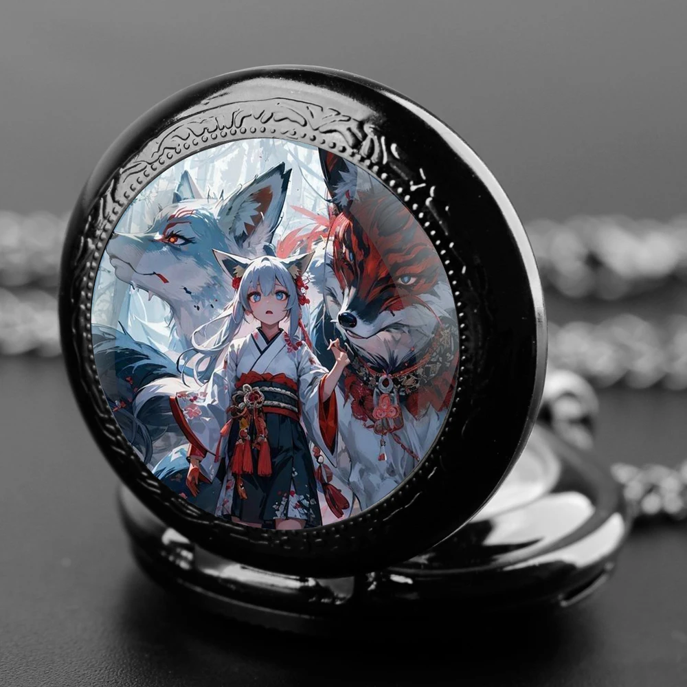 Fox Spirit Design Glass Dome Quartz Pocket Watch With Durable Chain Arabic Numeral Dial For Men And Women Creative Gifts