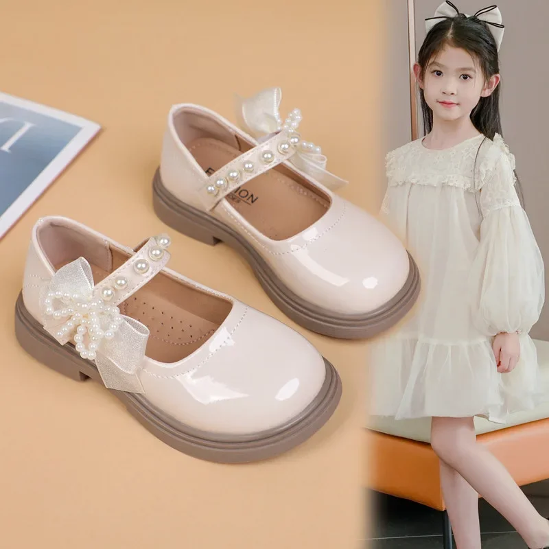 Children Flat Shoes Round Toes Capped Kids Leather Shoes Sweet Lace Bows 2025 Autumn New Girls Princess Shoes Non-slip Soft Sole