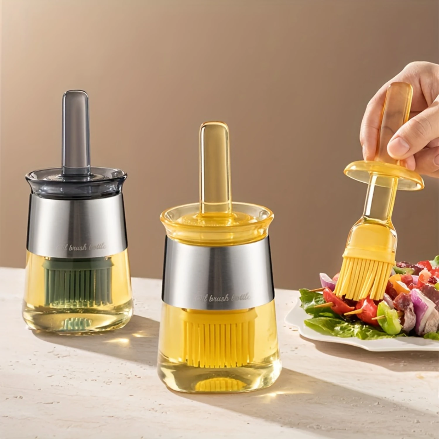 Glass Oil Bottle with Removable Silicone Basting Brush - Food Grade Kitchen Baking & Grilling Dispenser Set