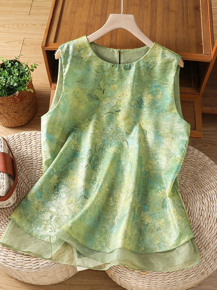 Light National Style Oil Painting Print Sleeveless Vest Women's Summer Loose Skin-friendly Mesh Top round Neck Inner Wear