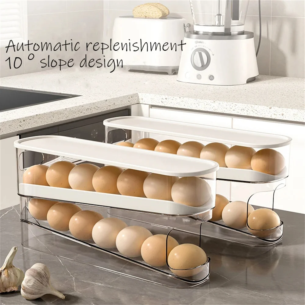 1PC Slide Type Egg Carton Double Automatic Egg Roller Refrigerator Side Door Egg Storage Kitchen Countertop Egg Holder ﻿ - view 3